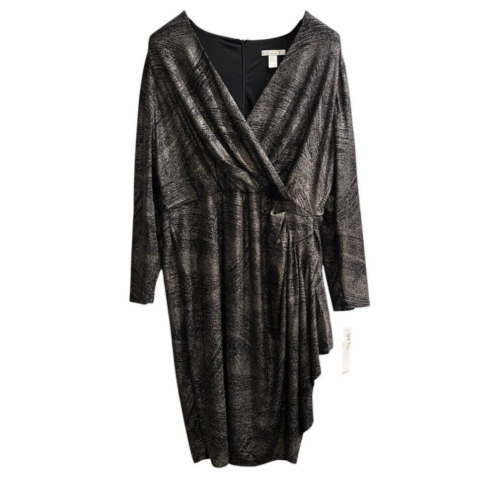 London Times‎ Dress Silver Metallic Faux Wrap Midi Stretch Size 20W Event Gala